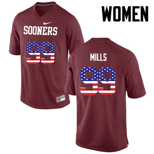 Women Oklahoma Sooners #99 Nick Mills College Football USA Flag Fashion Jerseys-Crimson - Click Image to Close
